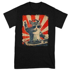 DJ Cat Graphic T-Shirt | Cool Cat Music Tee | Unisex Size L